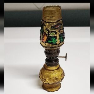 VINTAGE SMALL MINIATURE MINI YELLOW STAINED GLASS OIL LAMP 5" TALL W GREEN & RED